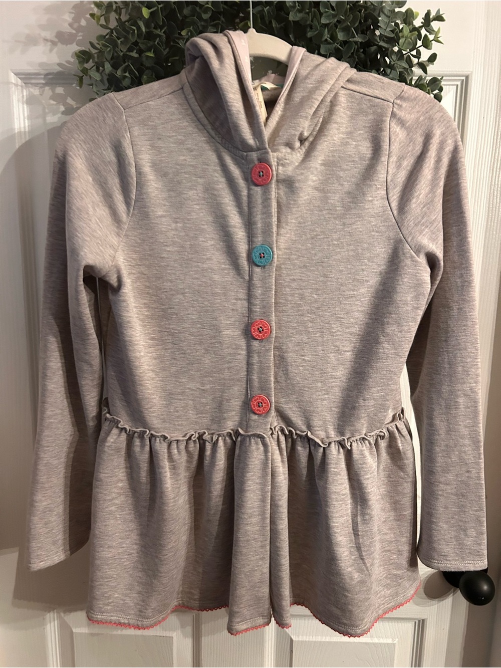 Matilda Jane Light Heather Gray Hooded Peplum Top with Coral & Teal Buttons